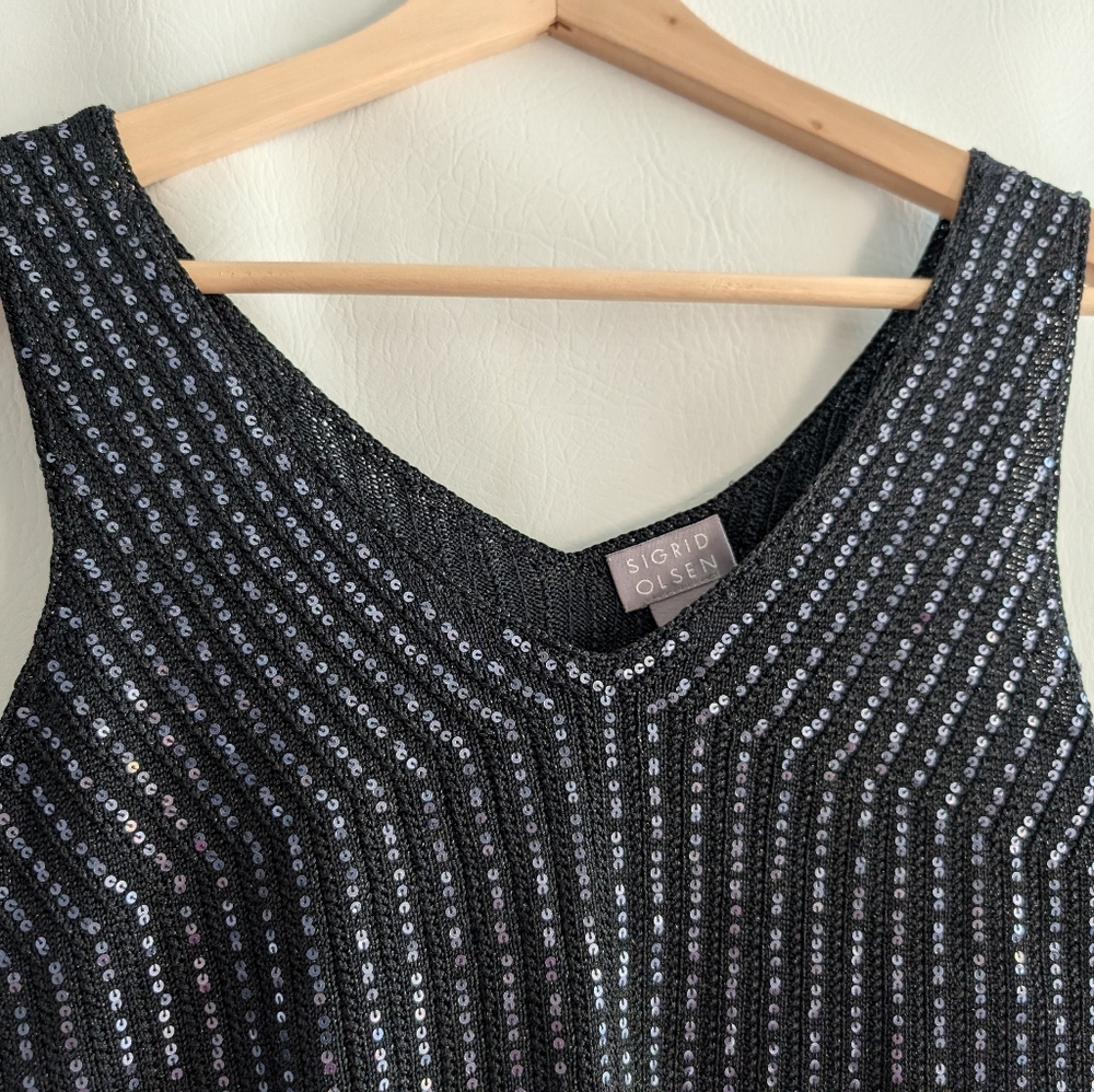 Sigrid Olsen Black Silk Blend Silver Sequin Stripes Sleeveless Knit Pullover Top - Picture 3 of 14